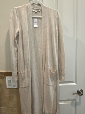 LOFT Cream Long Open-Front Women's Cardigan with Pockets